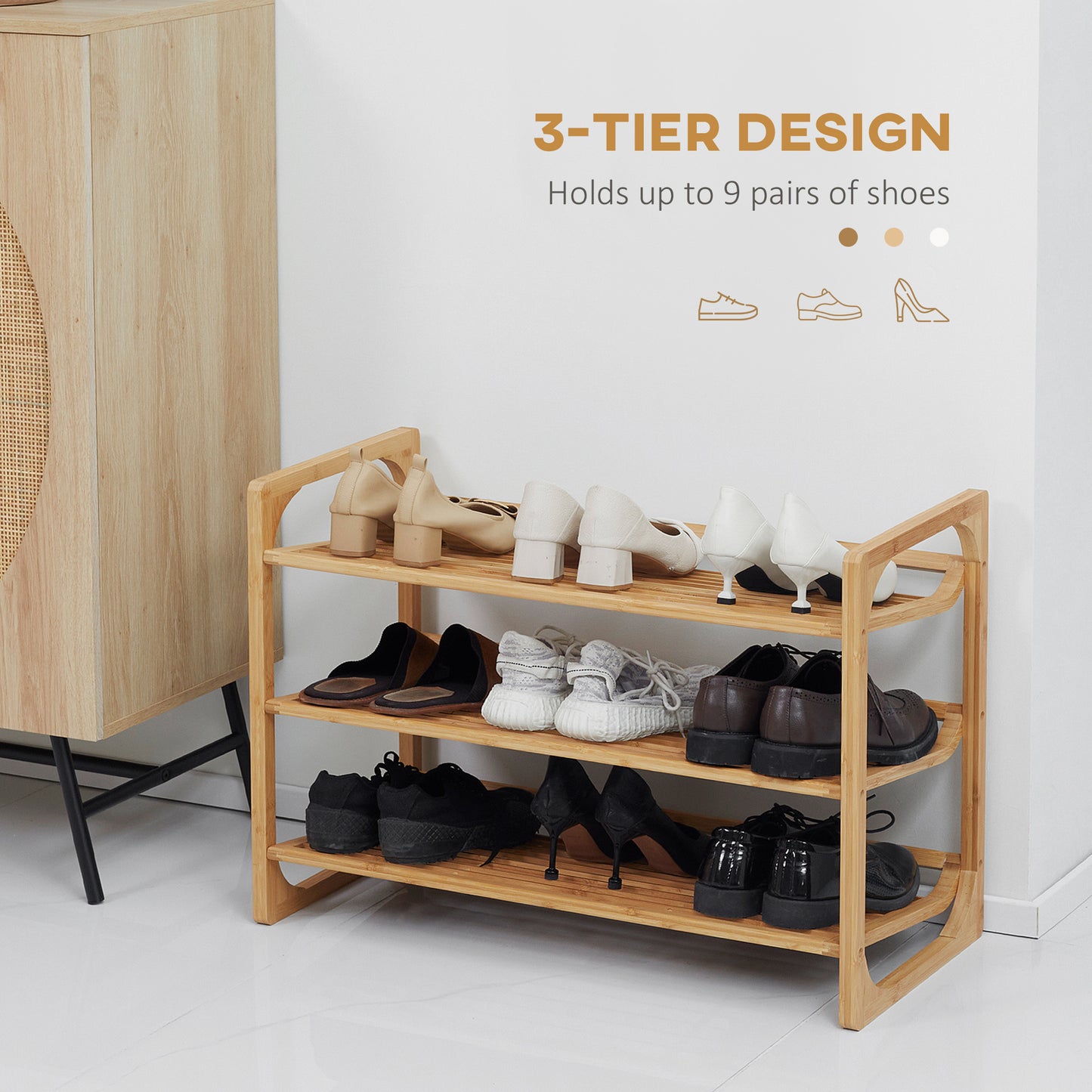 3-Tier Shoe Rack, Bamboo Shoe Storage Organizer with Slatted Shelves