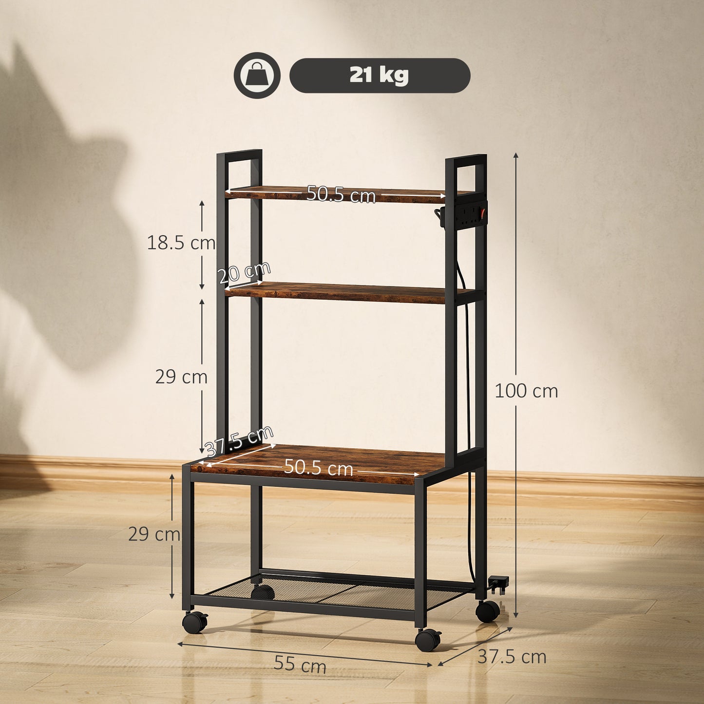 4-Tier Printer Stand with Power Outlets and Wheels - Rustic Brown