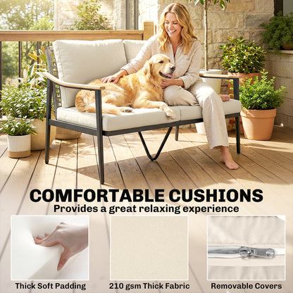 2 Seater Rattan Sofa, Outdoor Garden Sofa with Wood-Effect Armrests, Cushions for Patio, Balcony, Khaki