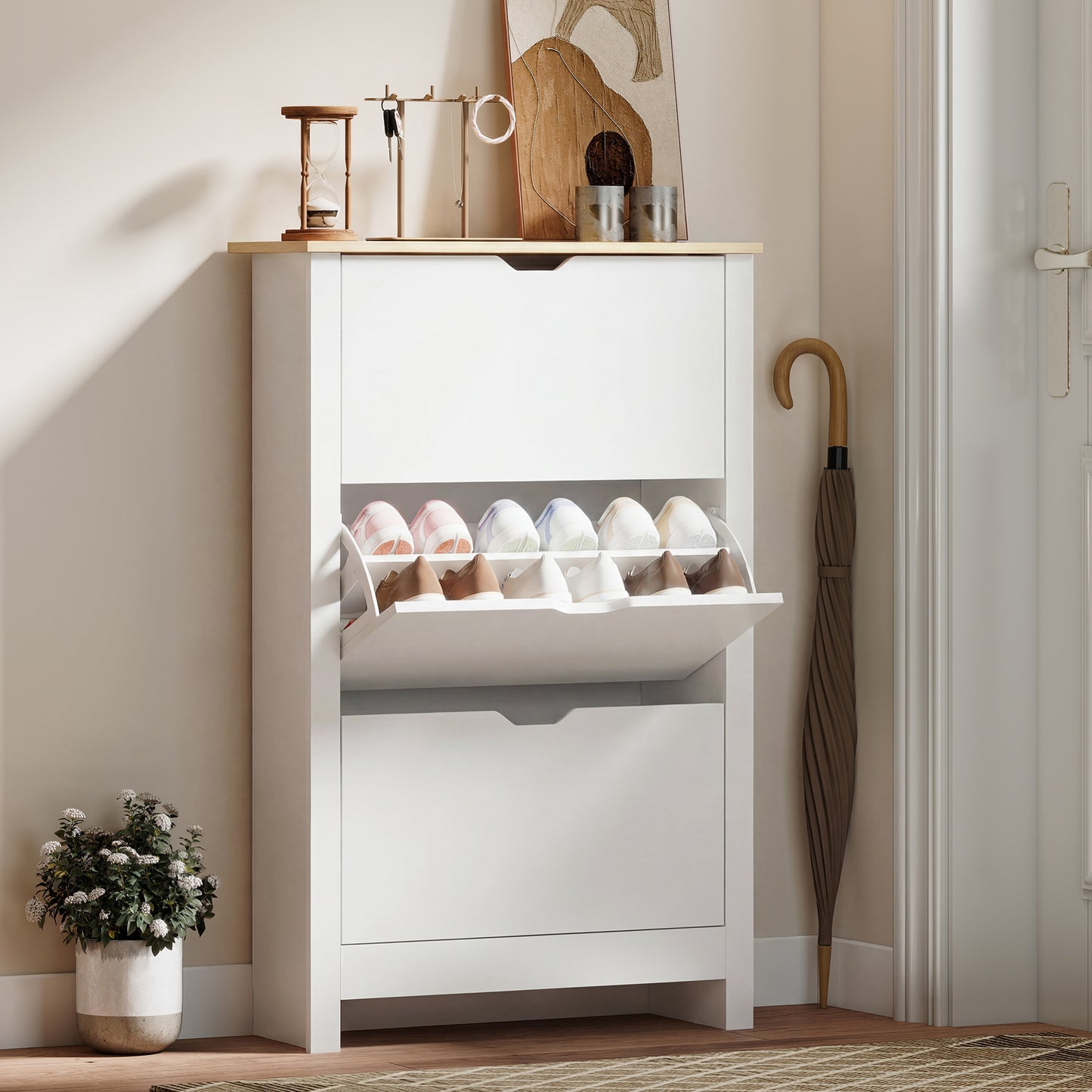 Slim Shoe Cabinet, Narrow Shoe Cupboard with 3 Flip Drawers, Adjustable Shelves for 18 Pairs of Shoes for Hallway, White