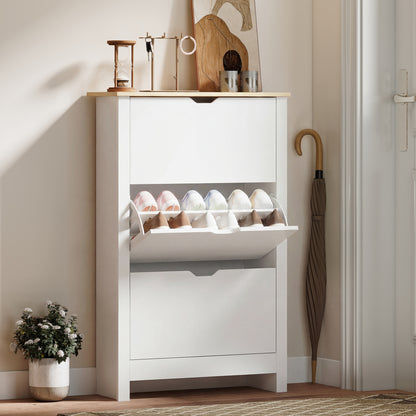 Slim Shoe Cabinet, Narrow Shoe Cupboard with 3 Flip Drawers, Adjustable Shelves for 18 Pairs of Shoes for Hallway, White