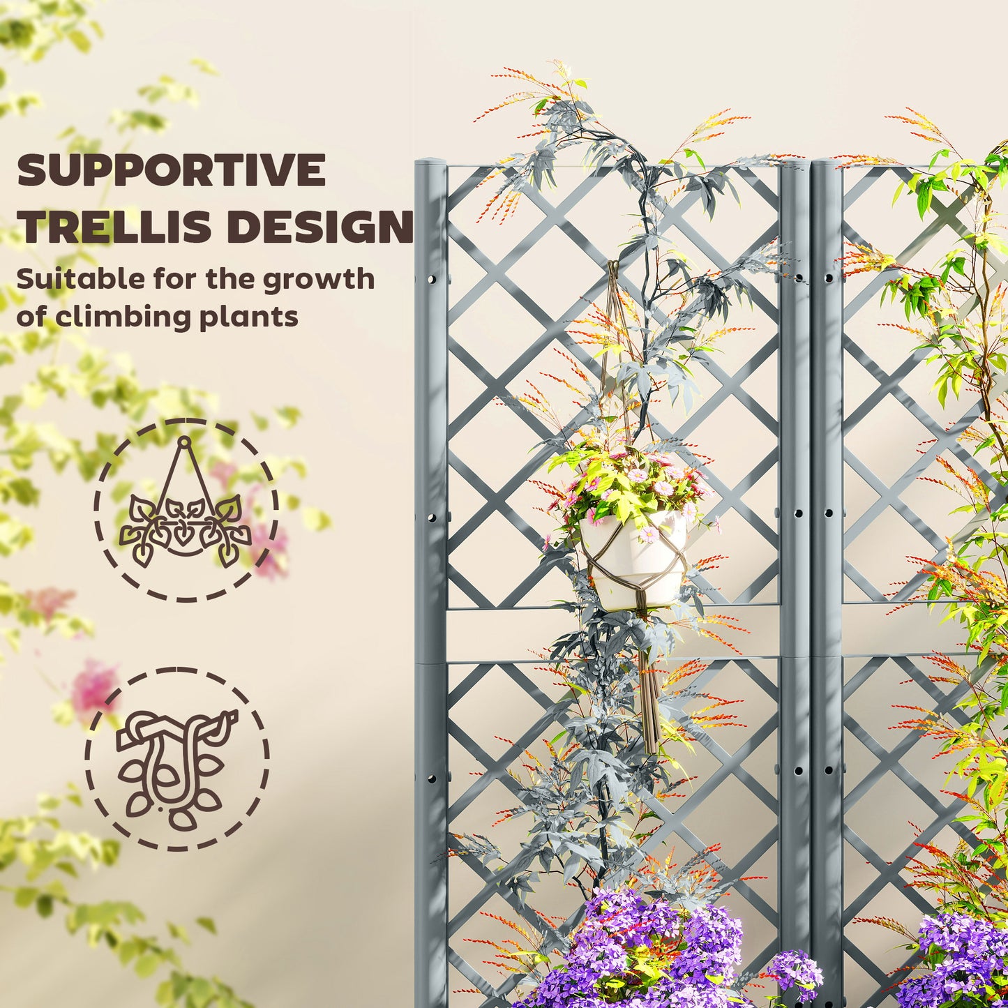 Raised Garden Bed with Trellis, Plastic Planter Box with Drainage Holes