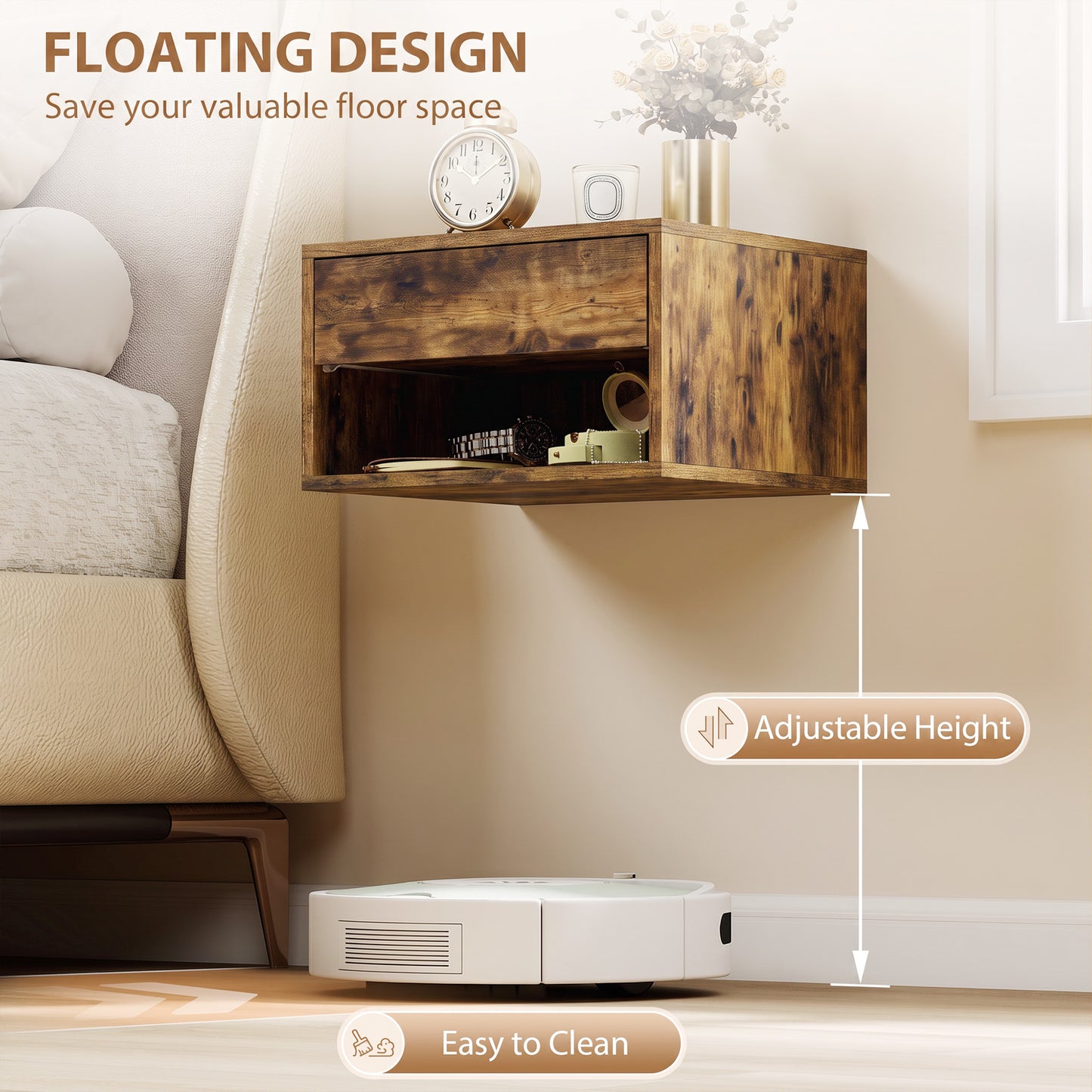 Set of Two Floating Bedside Tables - Rustic Brown