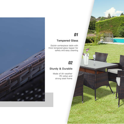 6 Seater Rattan Dining Set with Cushions, Rattan Garden Furniture Set with 6 Armchairs, Rectangular Glass Top Table