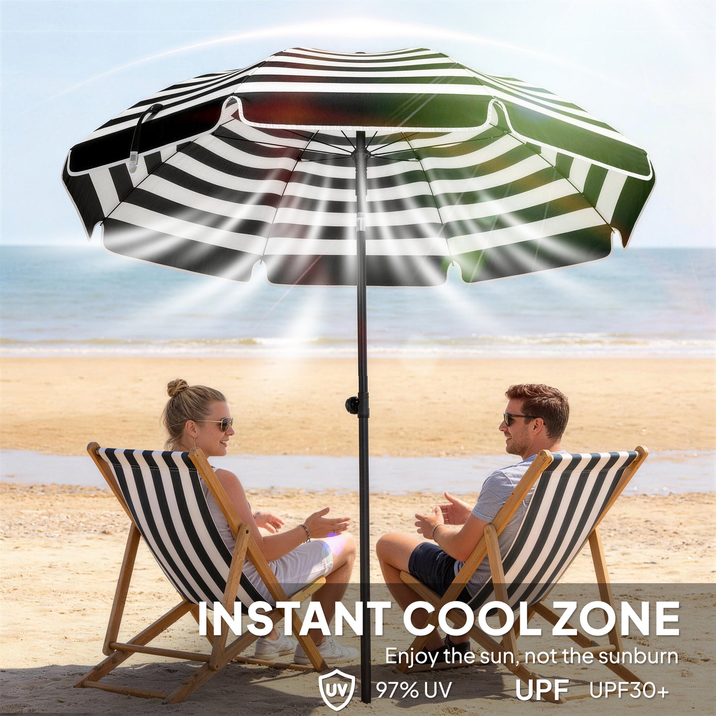 1.8 m Beach Umbrella Parasol with Sand Anchor, Portable 30° Tilting Patio Sun Shade with Adjustable Height, Grey/White