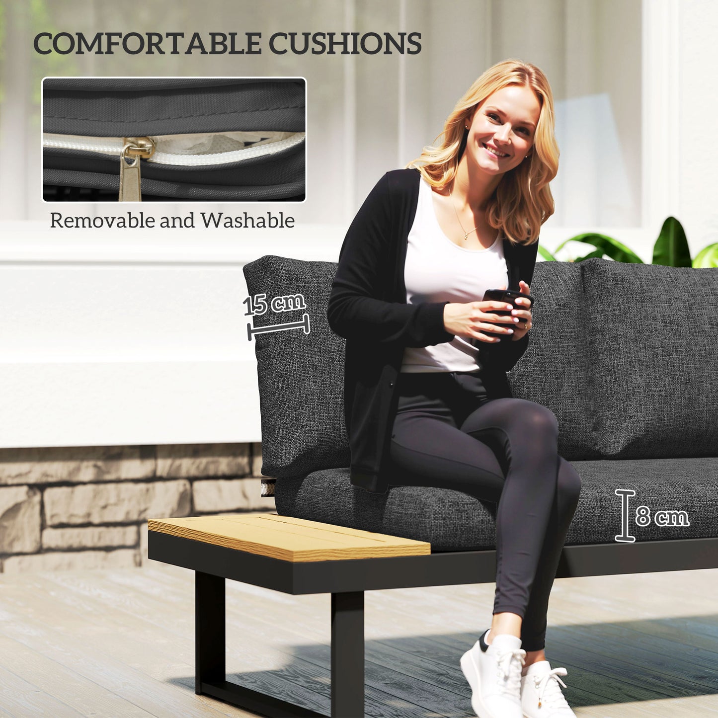4 Seater L Shaped Aluminium Sectional Garden Furniture Set with 2 Loveseats and Wood-Plastic Coffee Table - Natural Wood