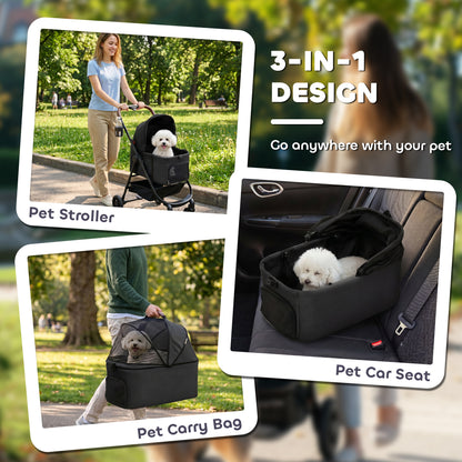 Dog Stroller, 3 in 1 Foldable Pet Stroller for Small Puppy Cat with Detachable Travel Carrier, Storage Basket, Black