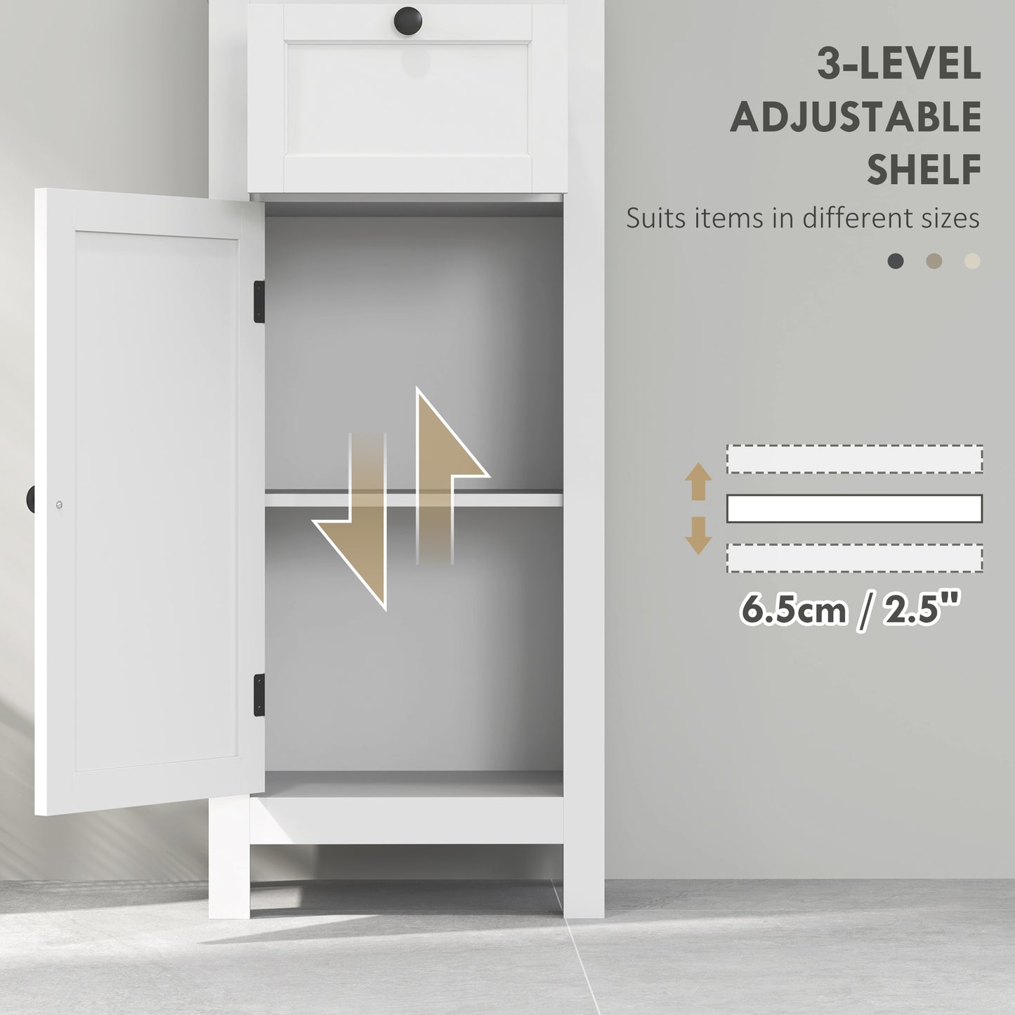 Tall Bathroom Cabinet, Slim Bathroom Storage Cabinet with 2 Open Shelves, Soft Close Door and Drawer, Adjustable Shelf