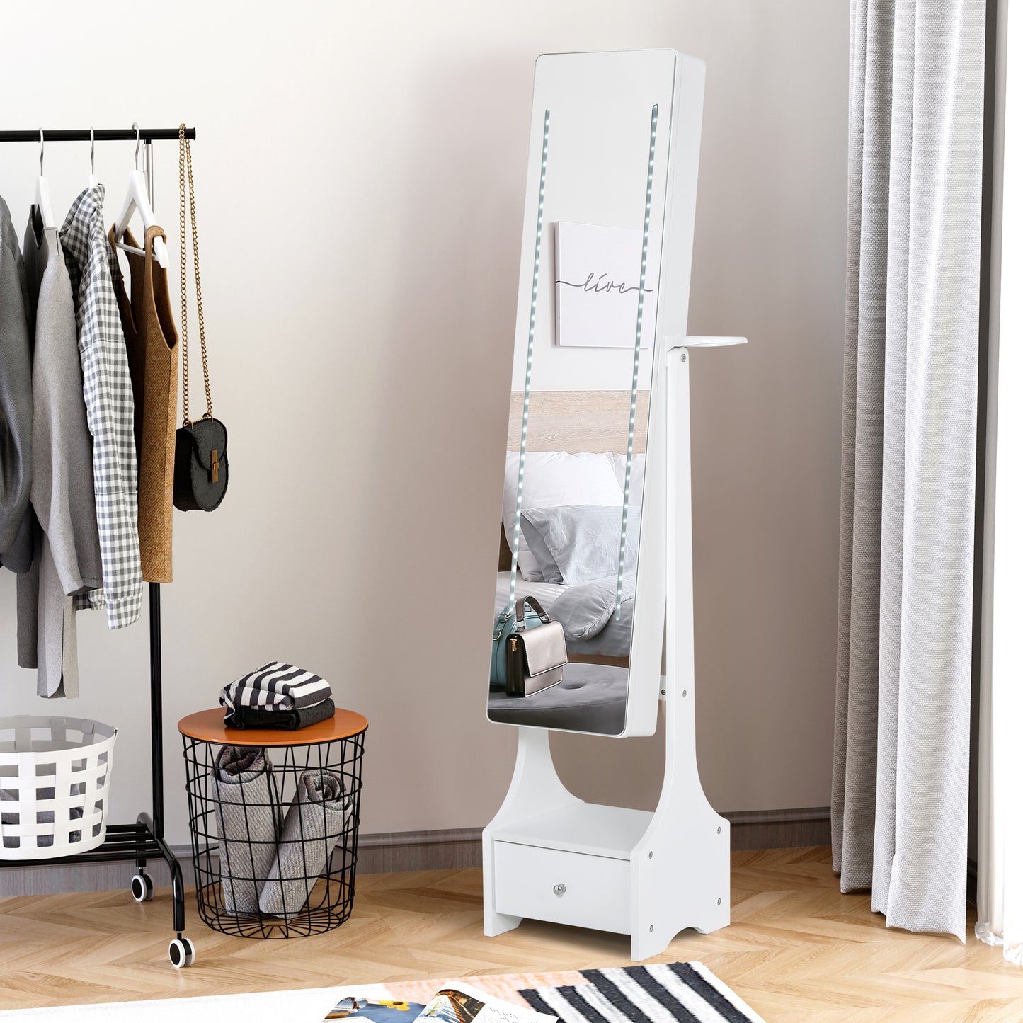 Jewellery Cabinet, Full Length Mirror with Storage, Free Standing Mirror with LED Lights, Hooks