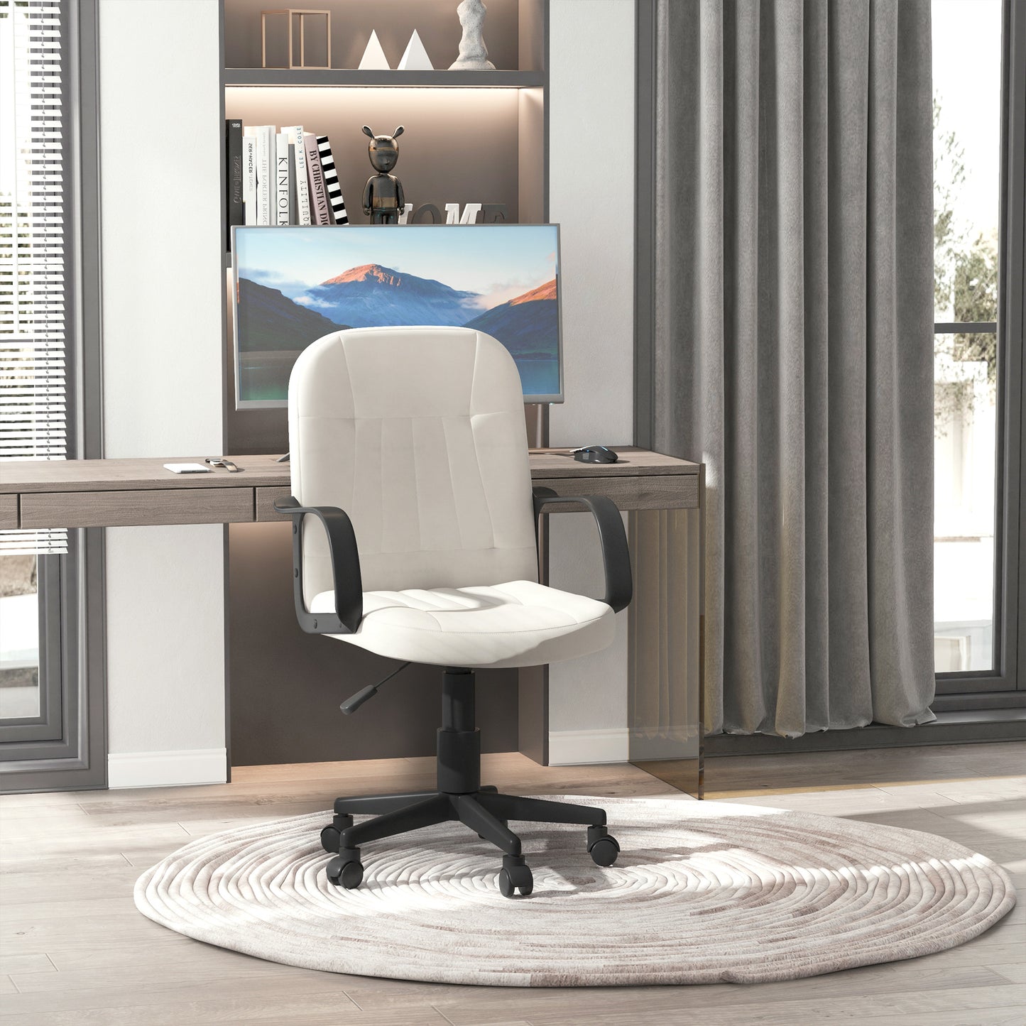Desk Chair, PU Leather Computer Office Chair with Adjustable Height, Swivel Wheels for Home Work Study, Cream White