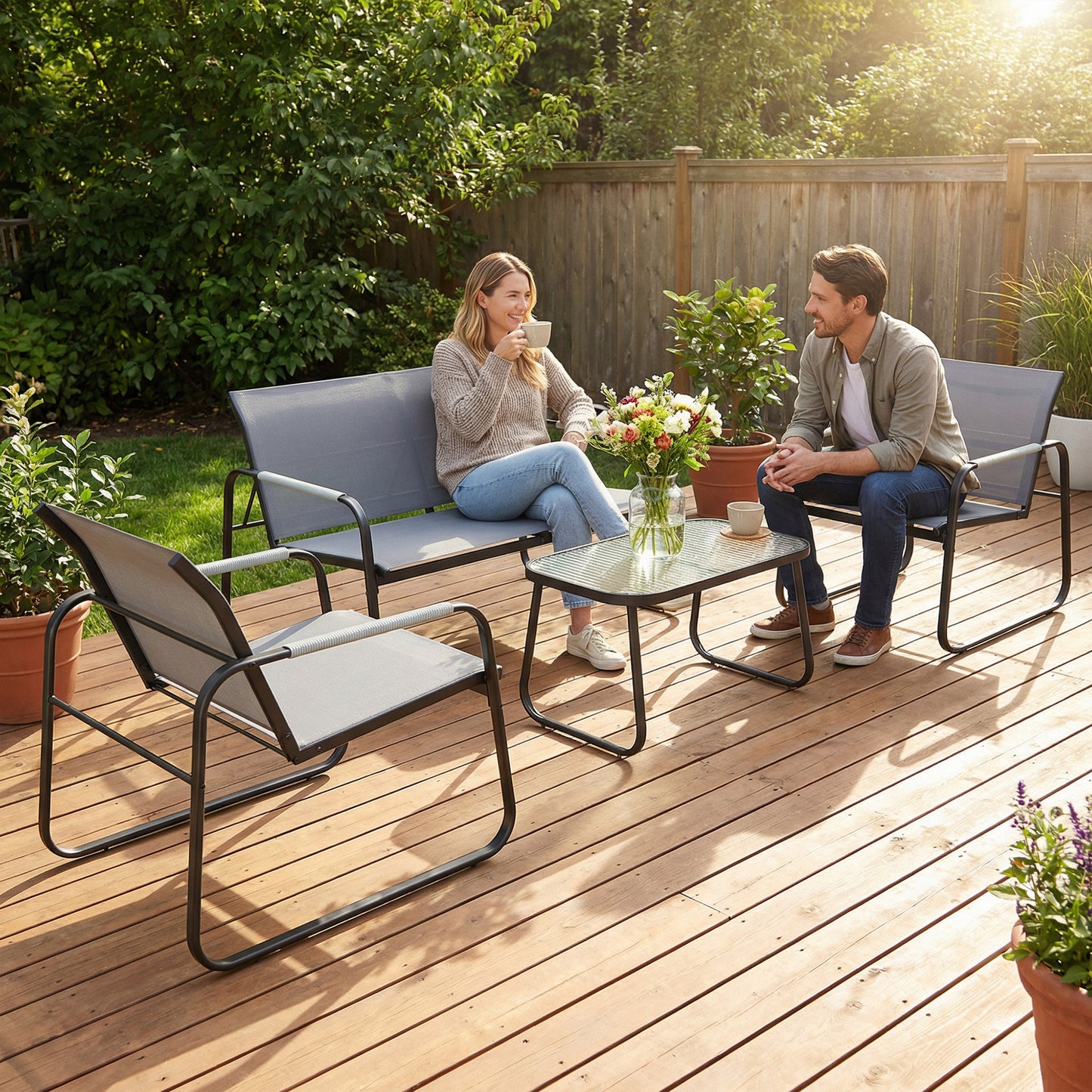 4 Piece Garden Furniture Set, Garden Sofa Set with Loveseat, 2 Armchairs, Tempered Glass Table for Balcony, Grey