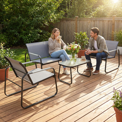 4 Piece Garden Furniture Set, Garden Sofa Set with Loveseat, 2 Armchairs, Tempered Glass Table for Balcony, Grey