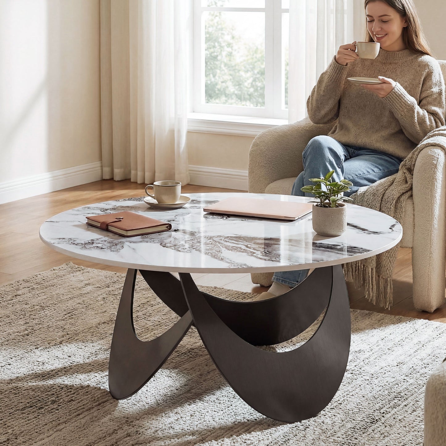 Coffee Table Sintered Stone Top Adjustable Foot Pads Modern Centre Table for Living Room White and Black
