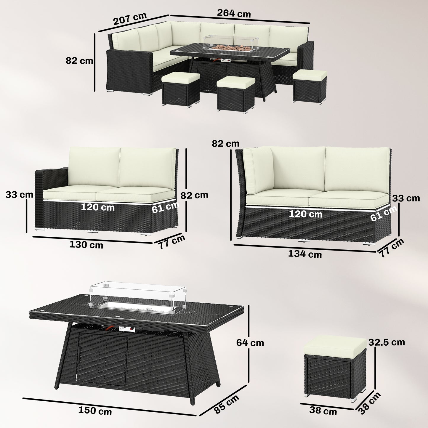 7 Pieces PE Rattan Garden Furniture Set, 50,000 BTU Gas Fire Pit Table, Double Corner Sofa and 3 Footstools