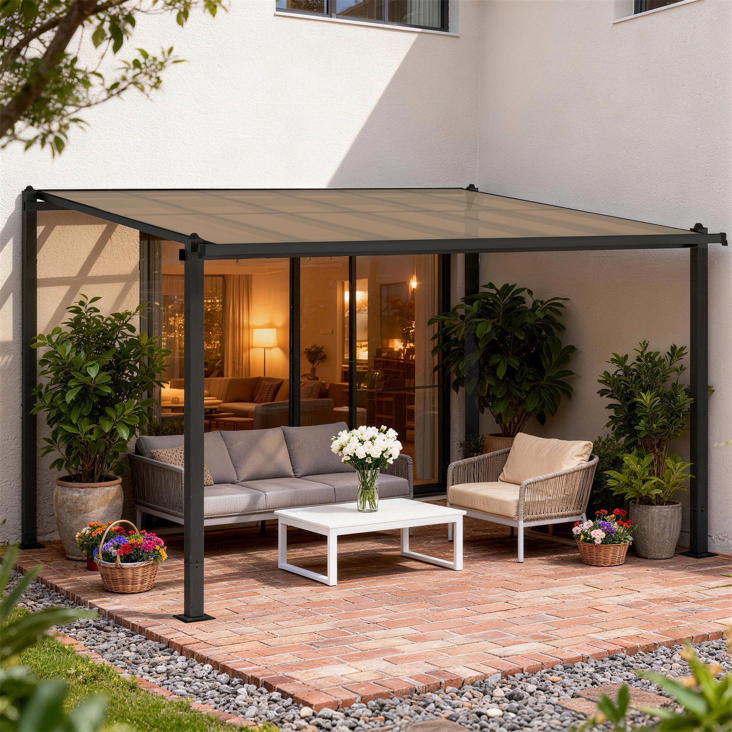 3.6 x 3 m Lean to Garden Pergola with PC Roof, Aluminium Frame Hardtop Gazebo Pergola with Drainage Gutters, Dark Grey