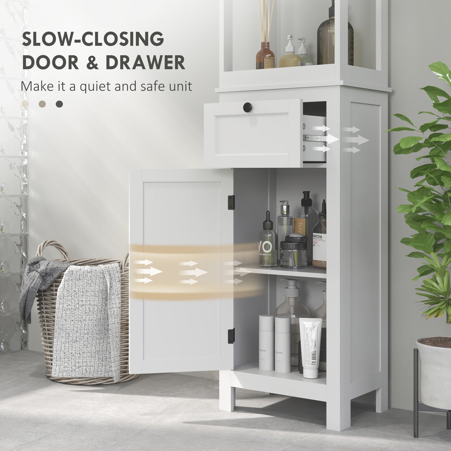 Tall Bathroom Cabinet, Slim Bathroom Storage Cabinet with 2 Open Shelves, Soft Close Door and Drawer, Adjustable Shelf