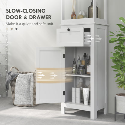 Tall Bathroom Cabinet, Slim Bathroom Storage Cabinet with 2 Open Shelves, Soft Close Door and Drawer, Adjustable Shelf