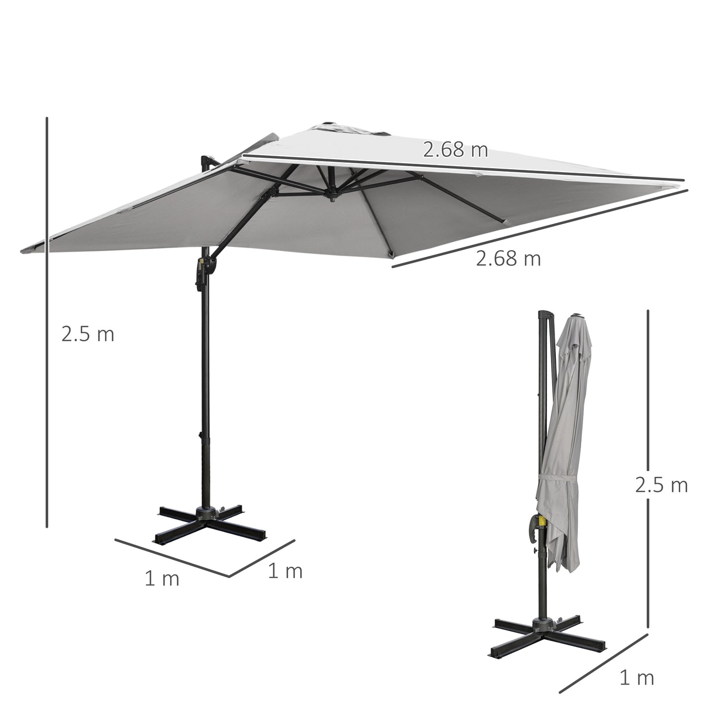 2.7 x 2.7 m Cantilever Parasol, Square Overhanging Umbrella with Cross Base, Crank Handle, Tilt