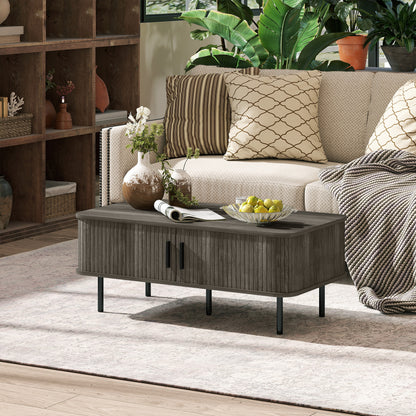 Coffee Table with Storage, Living Room Table with Slatted Tambour Sliding Doors and Adjustable Foot Pads