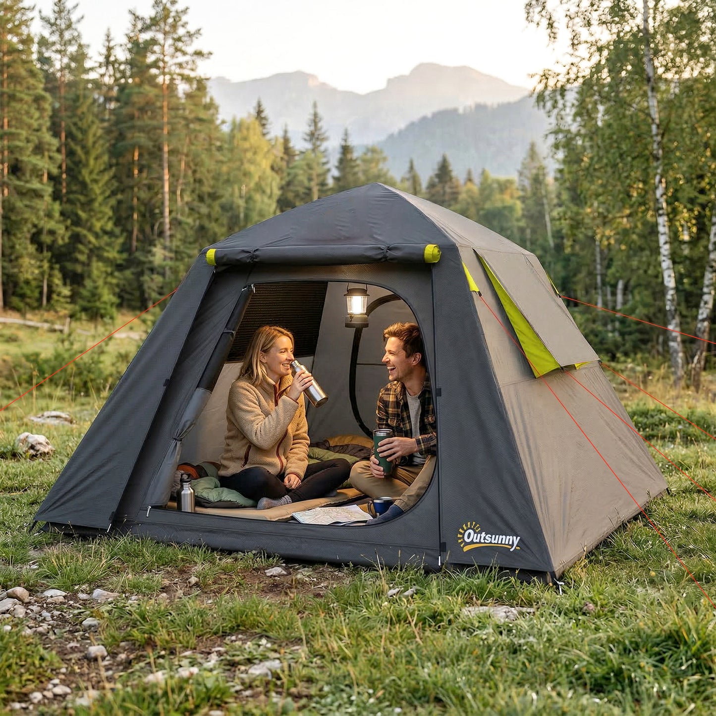 Camping Tent 3000mm Waterproof Tent with 2 Doors for 2 Person, Grey & Green