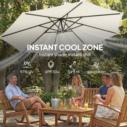 3 m Garden Cantilever Parasol with Cross Base, Sandbag, 360° Rotating Overhanging Banana Umbrella, Cream White