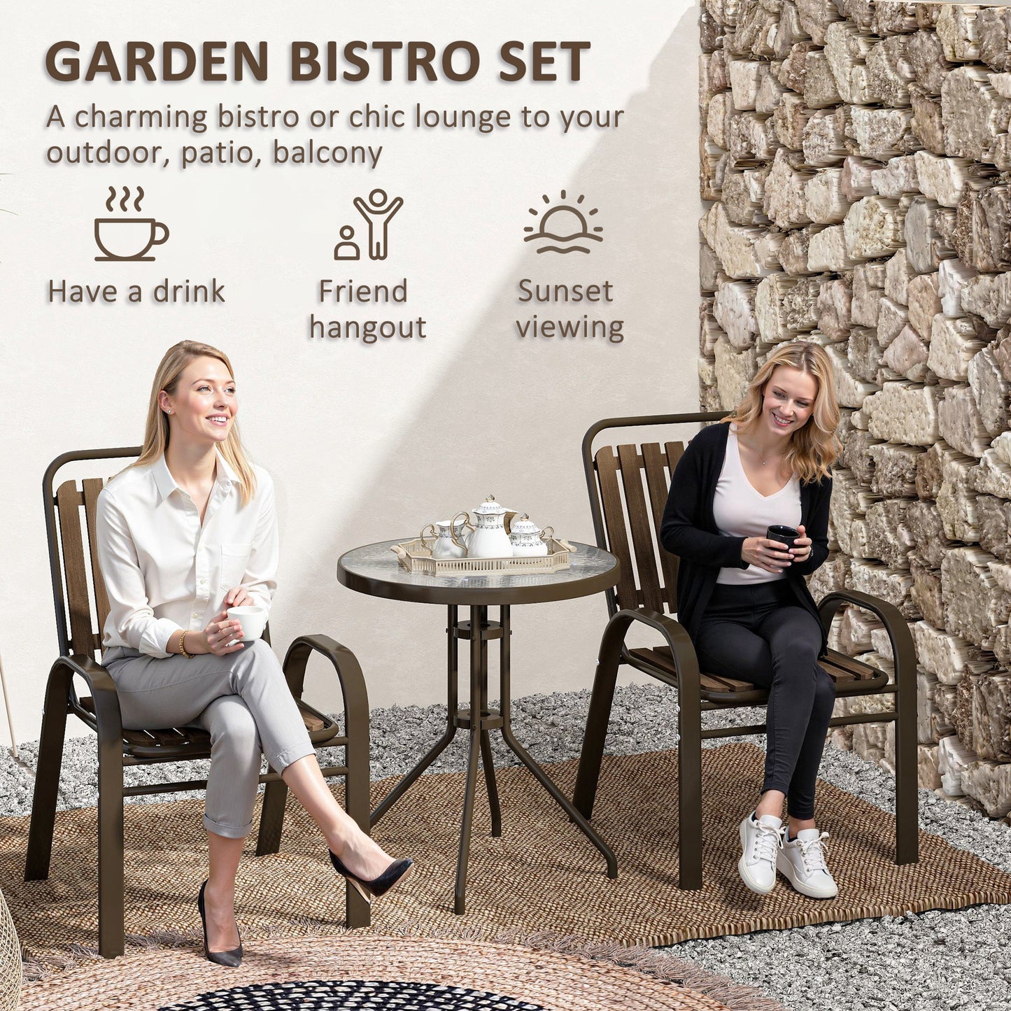 3 Pieces Patio Bistro Set with Stackable Chairs, Tempered Glass Table, for Outdoor, Balcony, Patio, Garden, Dark Brown