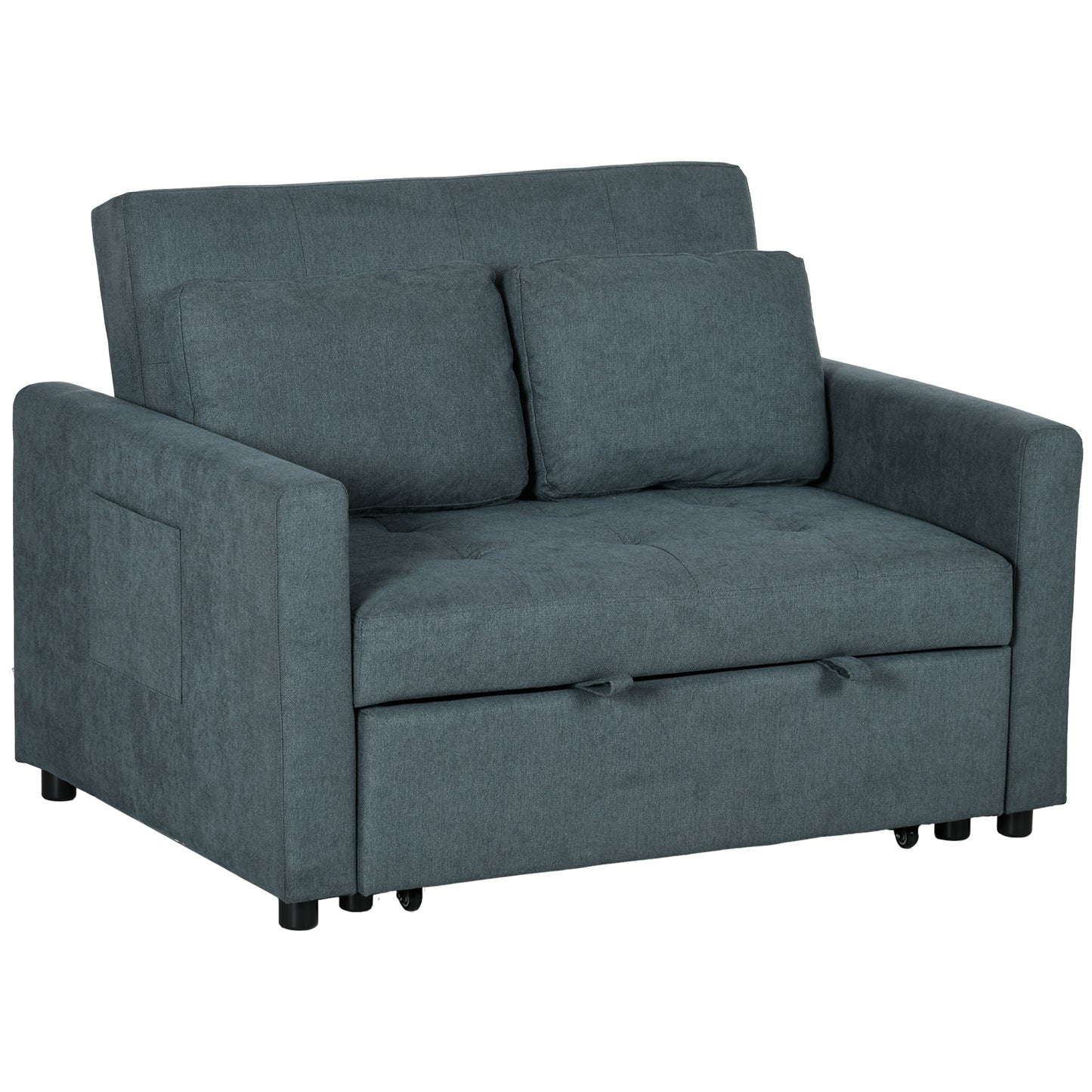 Loveseat Sofa Bed, Convertible Bed Settee with 2 Pillows, Side Pockets, Charcoal Grey