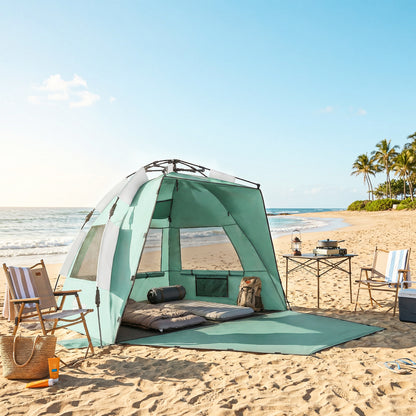 2-3 Person Pop Up Beach Tent, UPF15+ Sun Shelter with Extended Floor, Sandbags, Mesh Windows and Carry Bag, Green