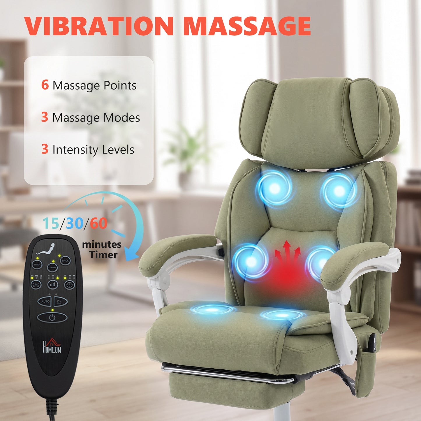 High Back Vibration Massage Office Chair Heated Reclining Computer Chair w/ Adjustable Height, Swivel Wheels, Lime Green