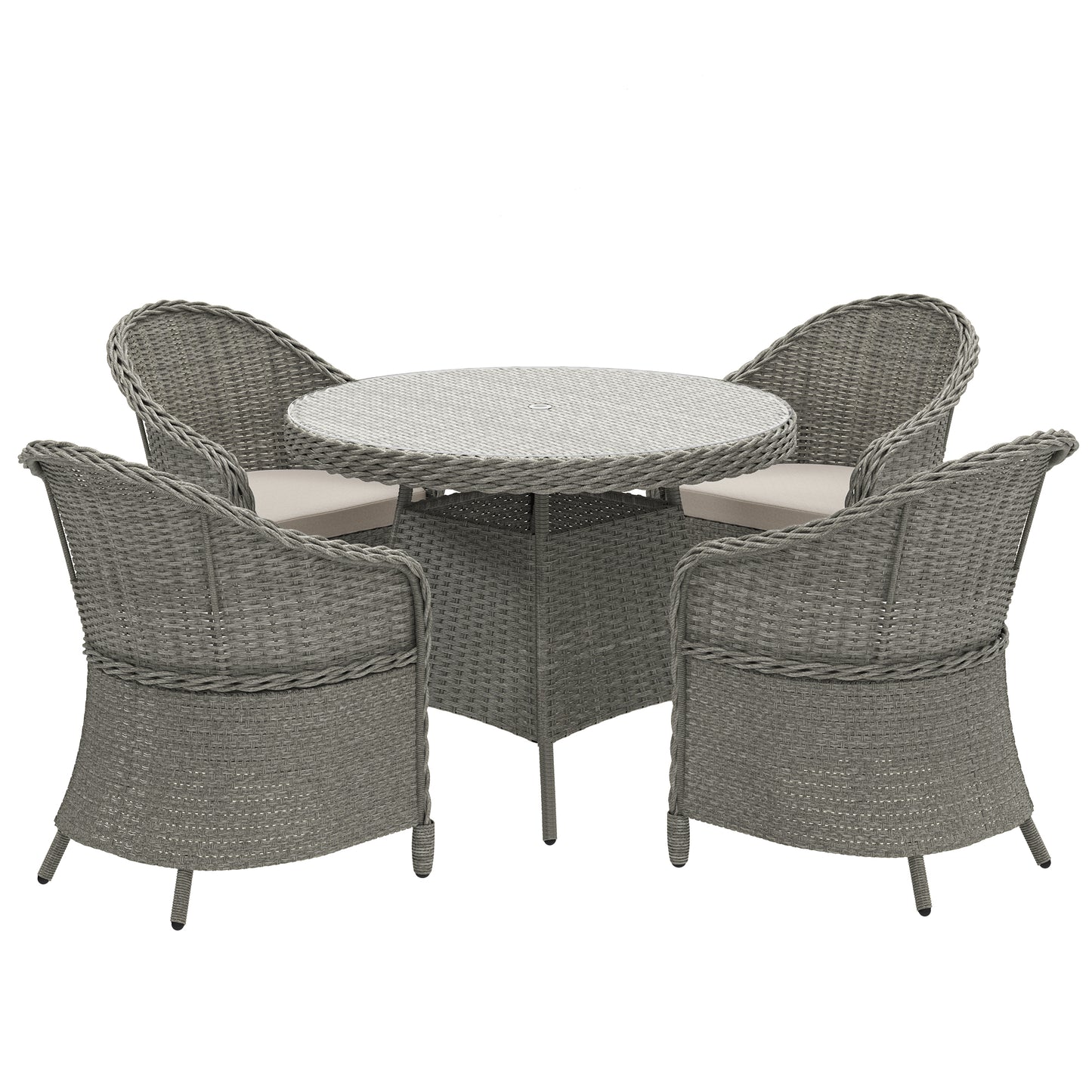 4 Seater Rattan Garden Furniture Set with Cushions, Round PE Rattan Dining Set with Glass-Top Table, Umbrella Hole