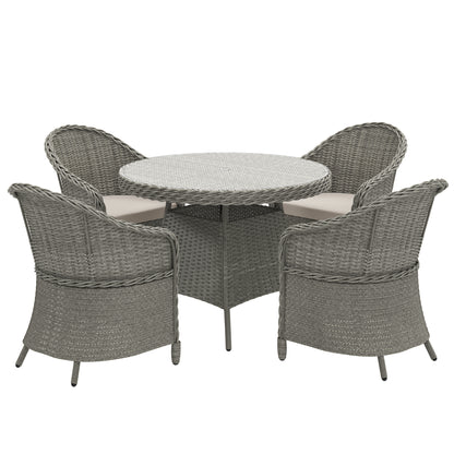 4 Seater Rattan Garden Furniture Set with Cushions, Round PE Rattan Dining Set with Glass-Top Table, Umbrella Hole