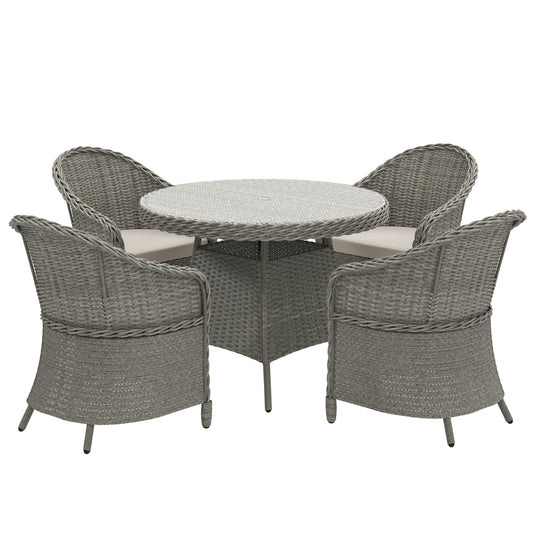 4 Seater Rattan Garden Furniture Set with Cushions, Round PE Rattan Dining Set with Glass-Top Table, Umbrella Hole