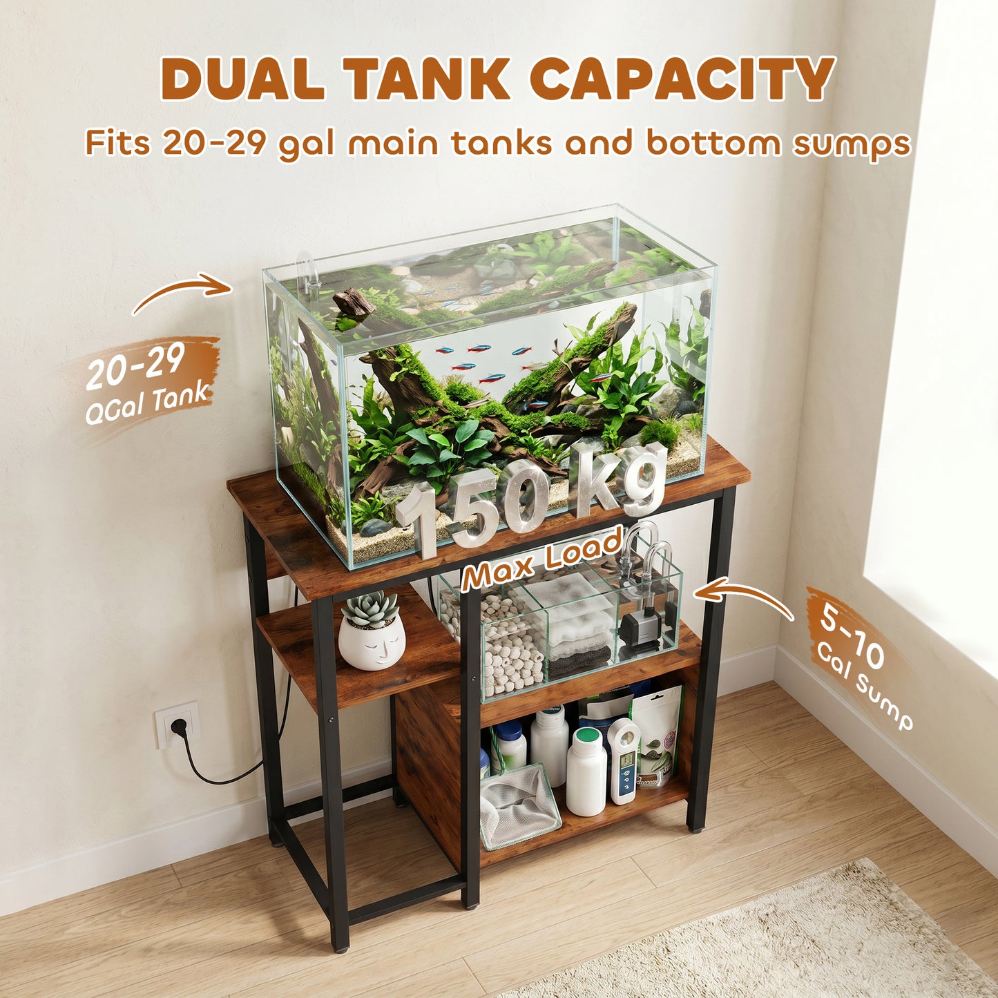 Fish Tank Stand with Power Outlets Aquarium Stand with Cabinet 20-29 Gallon Tanks Tiger Wood Grain