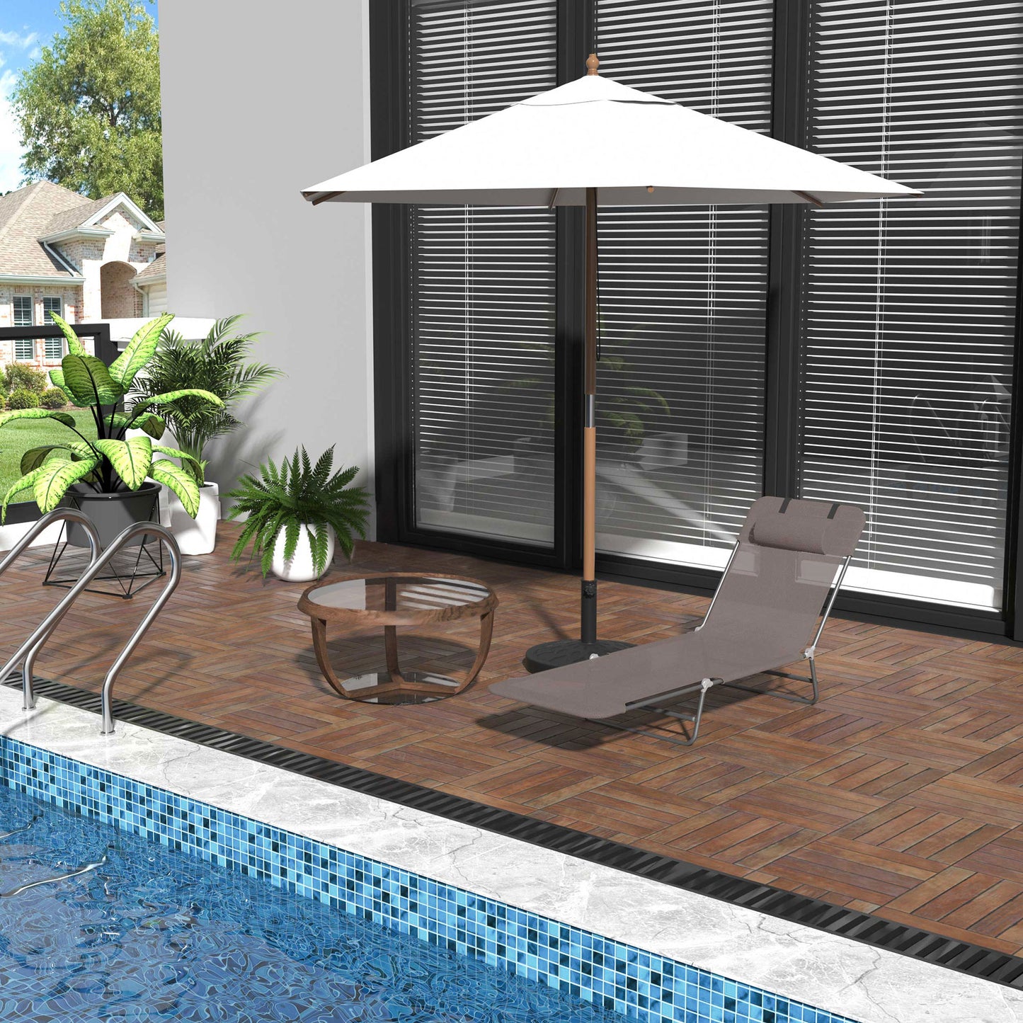 Outdoor Foldable Sun Lounger, Adjustable Backrest Garden Recliner Sun Lounger Chair with Headrest Pillow, Coffee