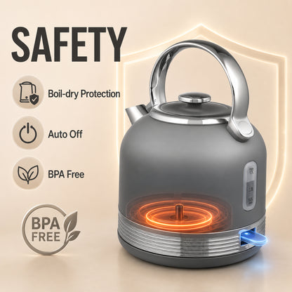 Stainless Steel Kettle and Toaster Set, 1.7L 3000W Cordless Fast Boil Kettle, 4 Slice Toaster Kitchen Set, Grey