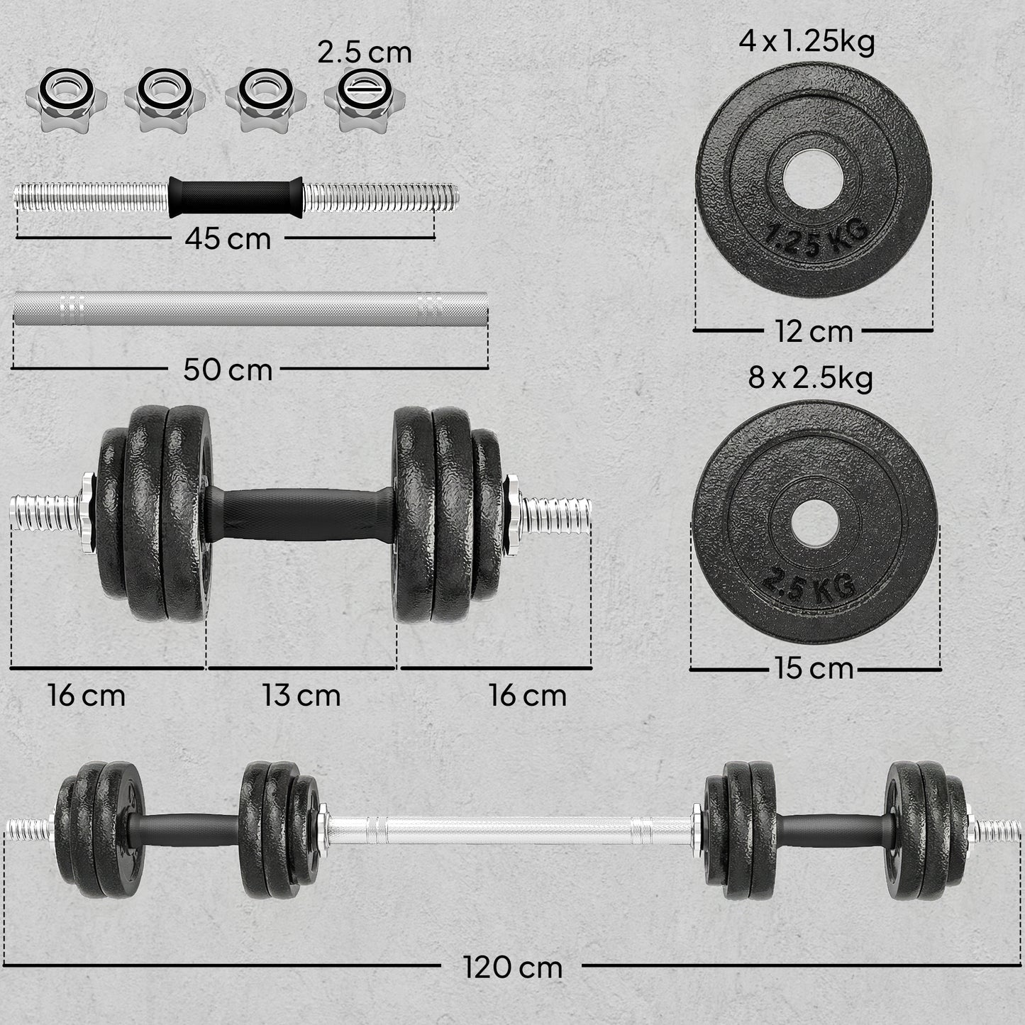 2-in-1 Adjustable Dumbbells Set, 30kg Cast Iron Weights Dumbbells Set with Non-Slip Grip for Strength Training