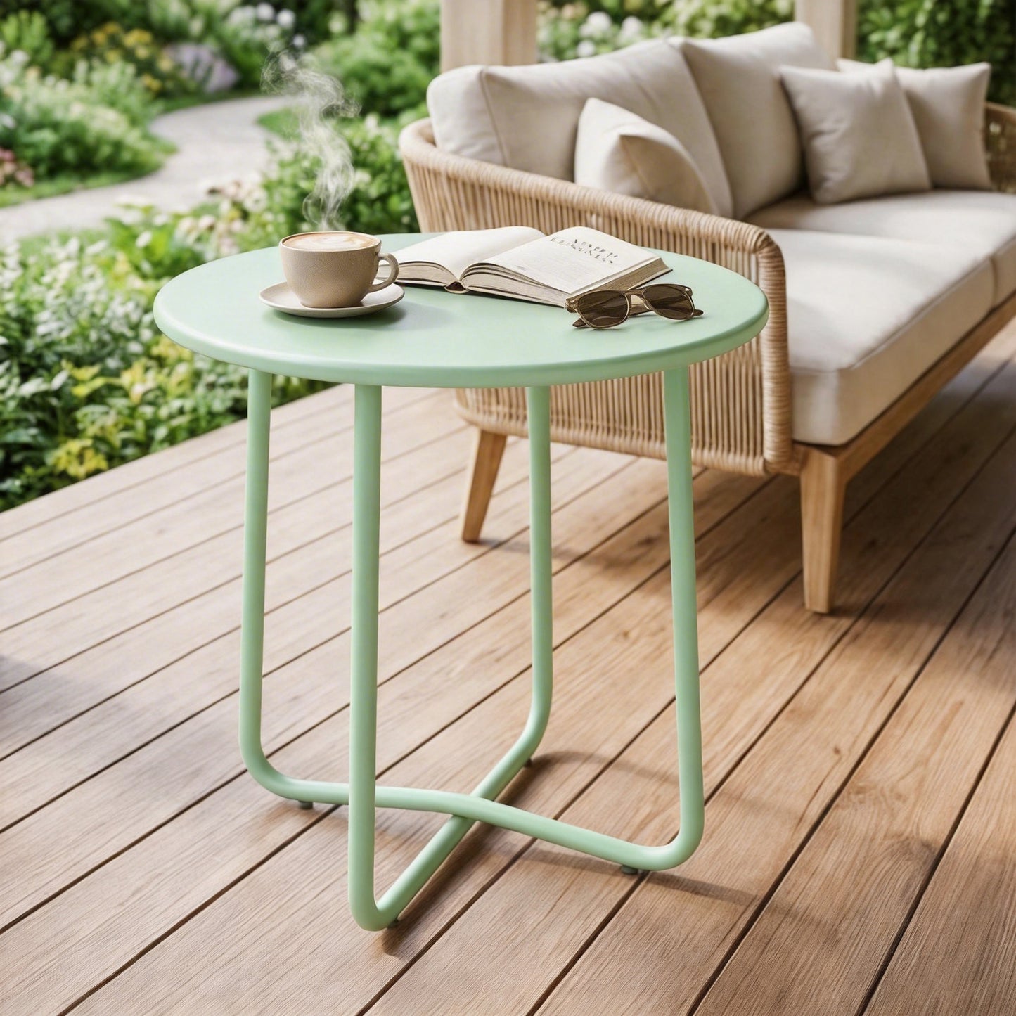 48 cm Round Garden Side Table, Small Metal Outdoor Garden Table with Rolled Edge, Green