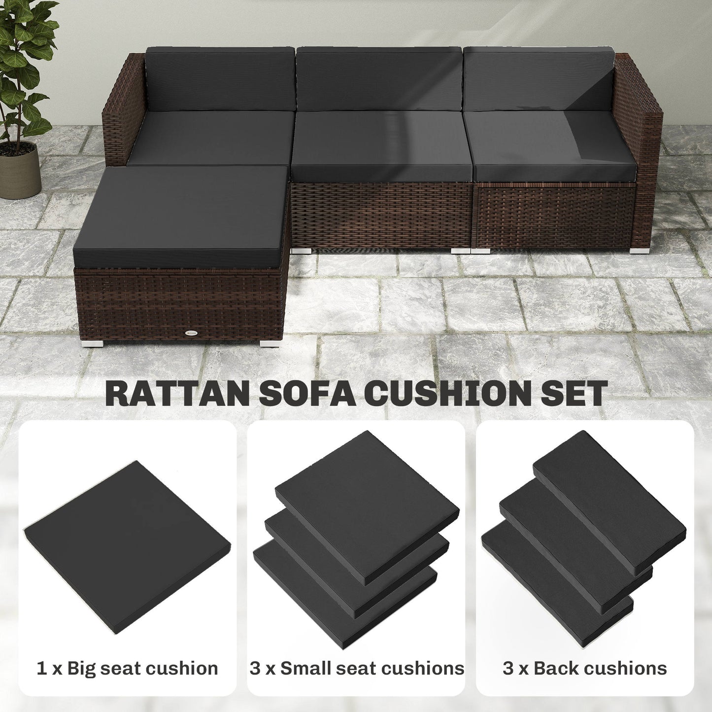 7-Piece Patio Furniture Cushions, Outdoor Loveseat Cushion with Removable Covers for Rattan Furniture, 60x60 cm, Black