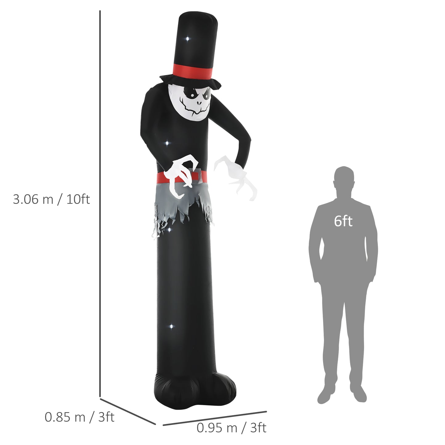 Giant 10ft Halloween Inflatables Tall Ghost with Hat, Build-in LEDs Blow Up Scary Outdoor Decorations