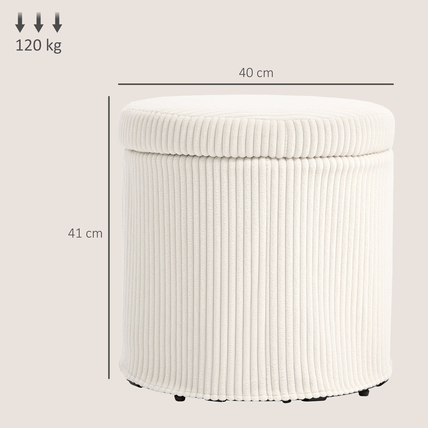 40cm Round Storage Ottoman, Corduroy Footstool with Removable Lid and Legs, Vanity Stool for Living Room, Bedroom, Beige