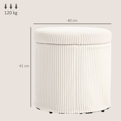 40cm Round Storage Ottoman, Corduroy Footstool with Removable Lid and Legs, Vanity Stool for Living Room, Bedroom, Beige