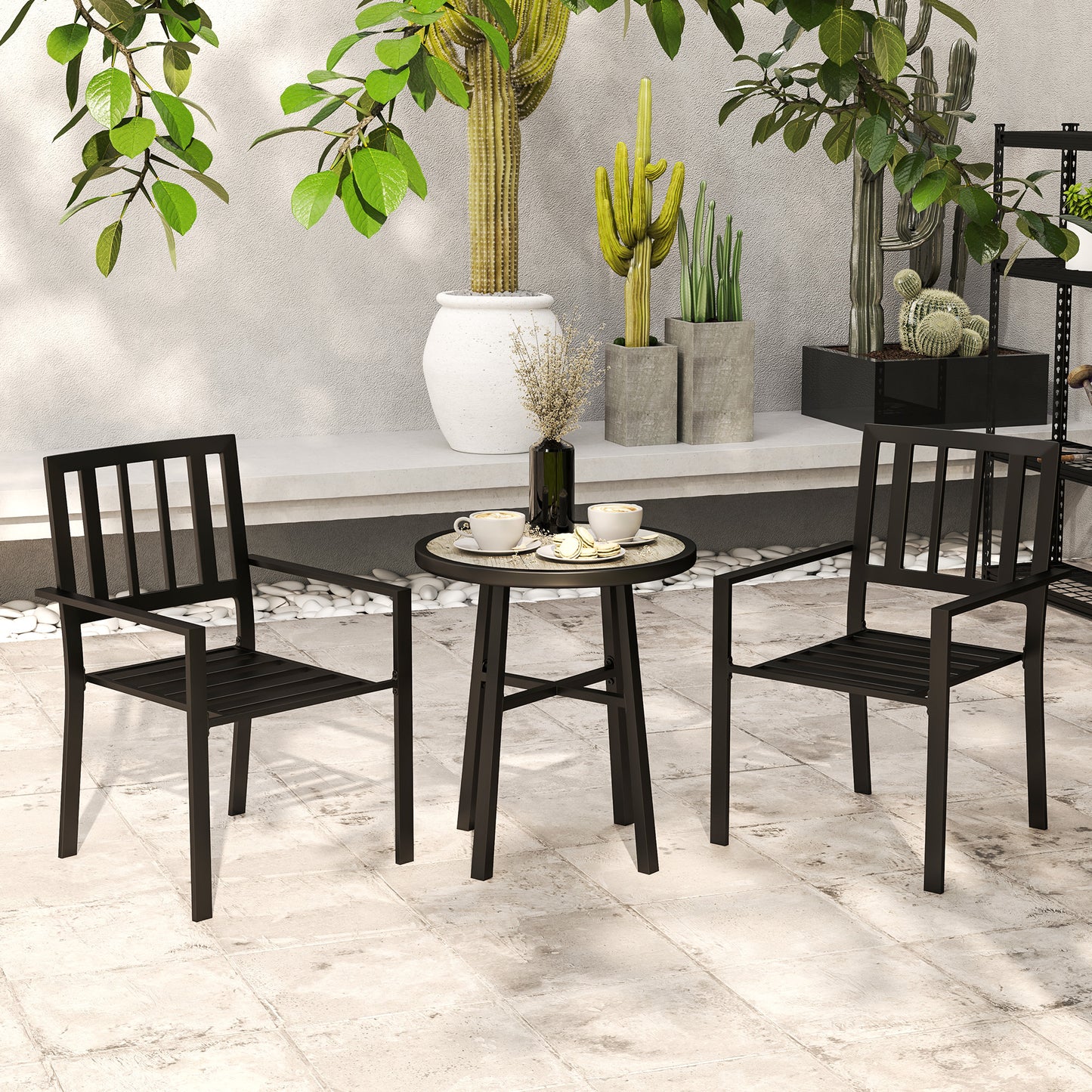 3 Piece Patio Bistro Set with Plastic Top, 2 Stackable Chairs, Galvanised Steel Frame, Grey