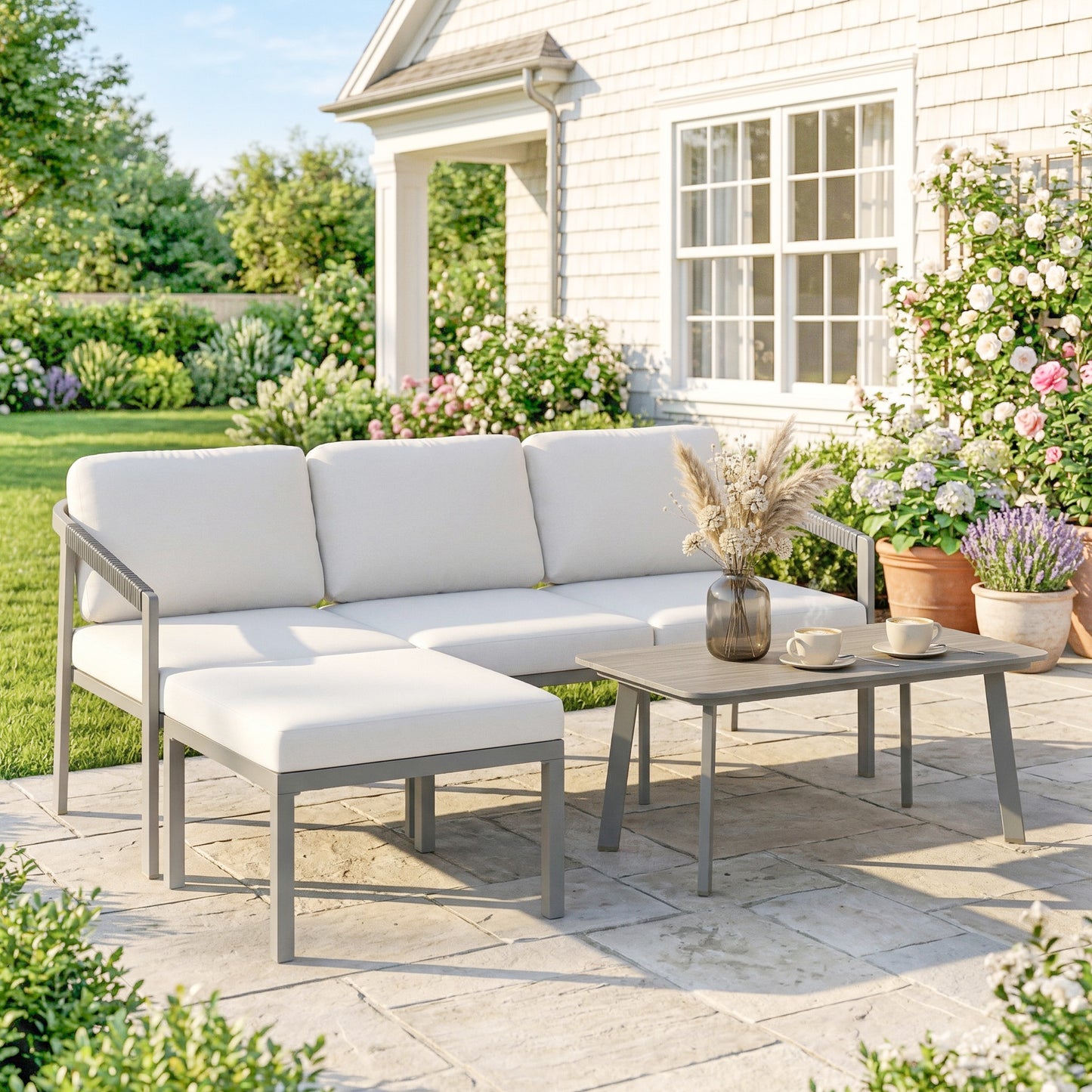 3 Piece Garden Dining Set, Outdoor Patio Furniture with 3 Seater Sofa, Footstool, Coffee Table and Cuhsions