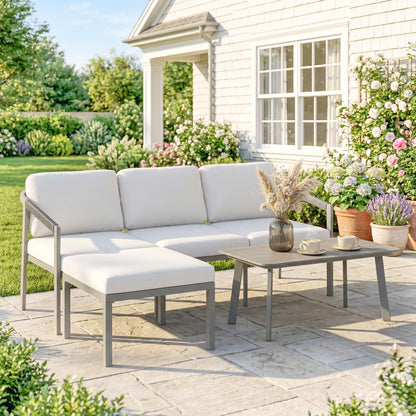 3 Piece Garden Dining Set, Outdoor Patio Furniture with 3 Seater Sofa, Footstool, Coffee Table and Cuhsions
