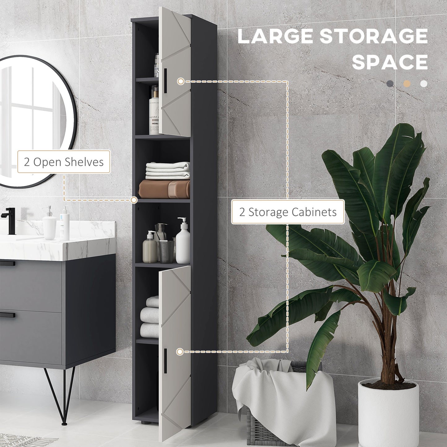 Line Embossed Tall Bathroom Storage Cabinet with Three-position Adjustable Shelves for Minimalist Style - Grey