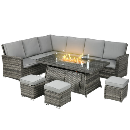 All-Season Fire Pit Patio Furniture Set Wicker Sofa Set With 50000 Btu Fire Table For Outdoor Gatherings - Grey