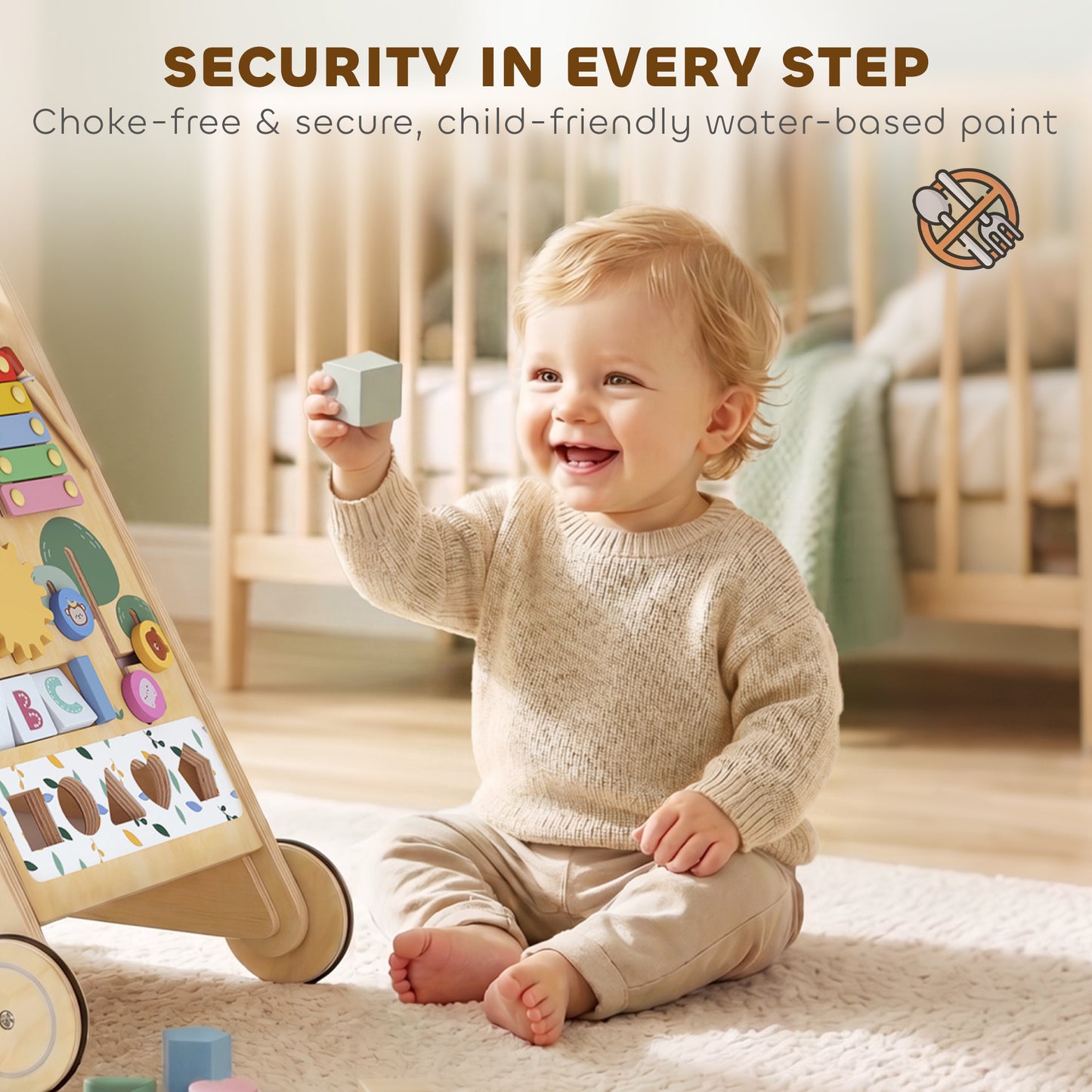 Wooden Baby Walker, Toddler Push Along Walker with Speed Control, Activity Centre and 5 Blocks for 18 Months+, Natural