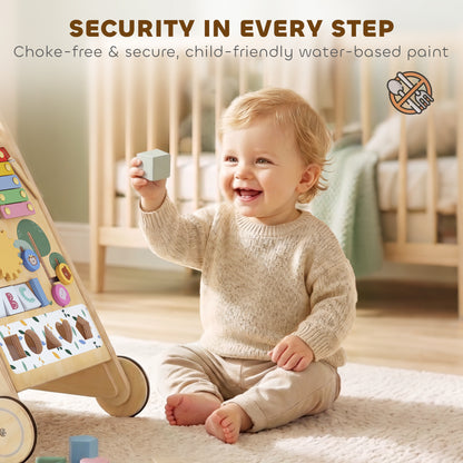 Wooden Baby Walker, Toddler Push Along Walker with Speed Control, Activity Centre and 5 Blocks for 18 Months+, Natural