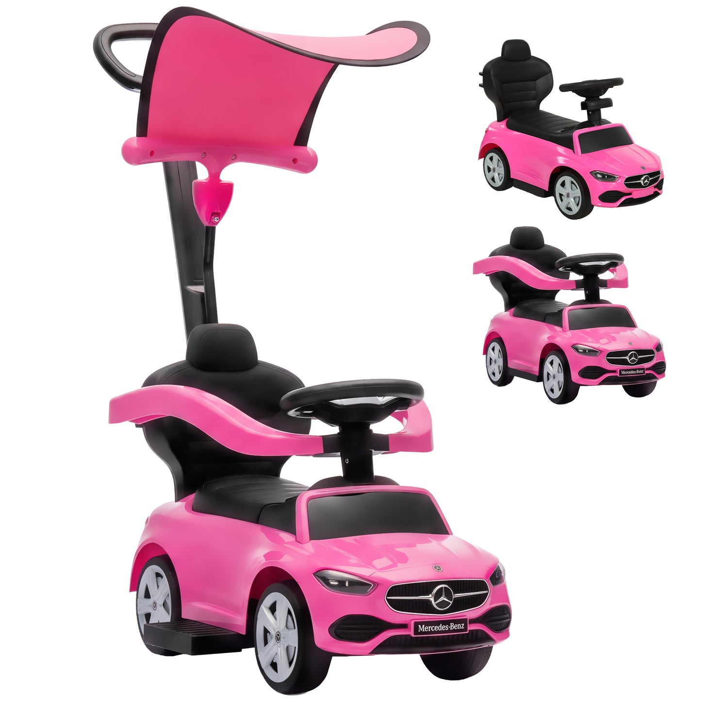 3 in 1 Licensed Benz Ride on Push Car with Handle, Canopy, Guardrails, Horn, Music, Storage for 12-36 Months, Pink