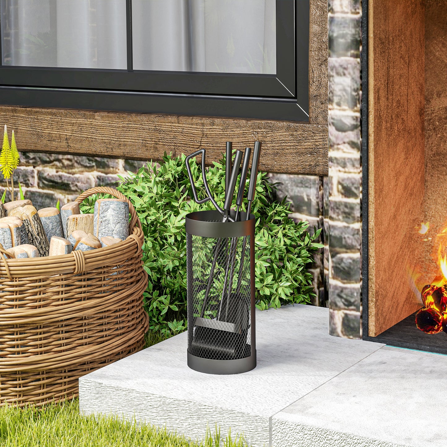5-Piece Fireplace Tools Set with Mesh Basket, Indoor Outdoor Fireside Accessories for Fireplaces, Fire Pits, Black